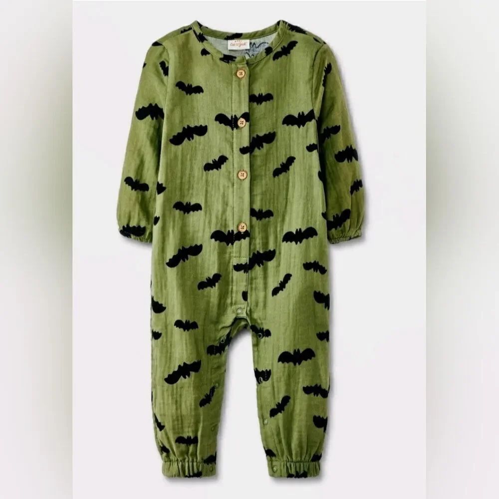 New Green Baby Halloween Gauze 100% cotton Bat Long Sleeve Romper, Cat & Jack